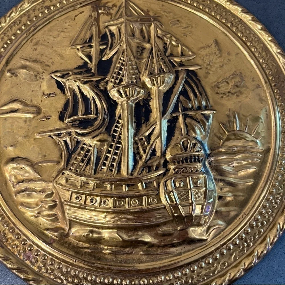 Vintage set 2 brass foil ship plaques Made in England